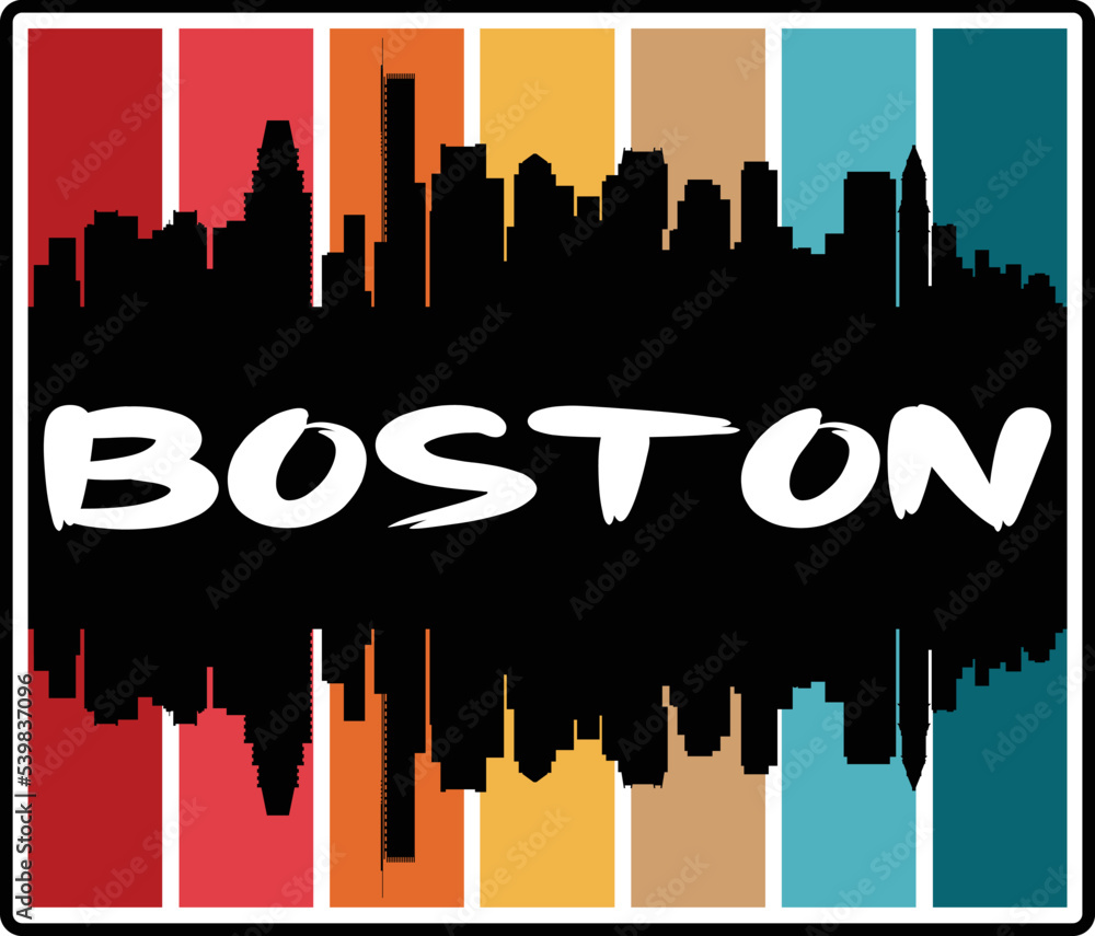 Boston Massachusetts USA Skyline Sunset Travel Souvenir Sticker Logo Badge Stamp Emblem Coat of Arms Vector Illustration SVG EPS