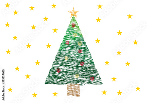 Árbol de navidad hecho con trazo y rodeado de estrellas.