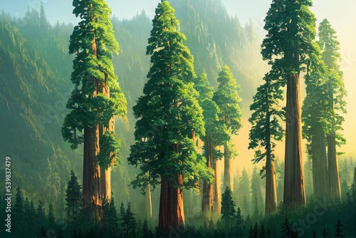 AI-generated shot of beautiful sequoia trees in a misty forest photo