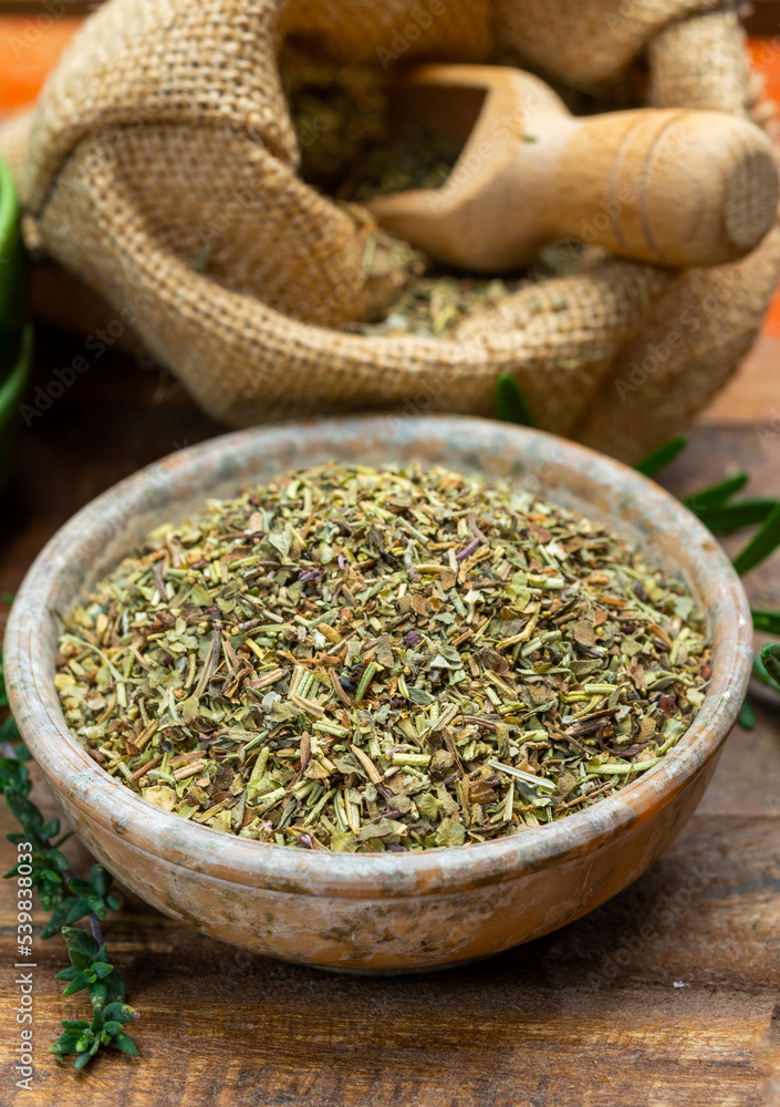 Herbes de Provence, mixture of dried herbs typical of the Provence region, blends often contain savory, marjoram, rosemary, thyme, oregano, lavender leaves, used with grilled foods and stew Herbes de Provence, mixture of dried herbs typical of the Provence region, blends often contain savory, marjoram, rosemary, thyme, oregano, lavender leaves, used with grilled foods and stew