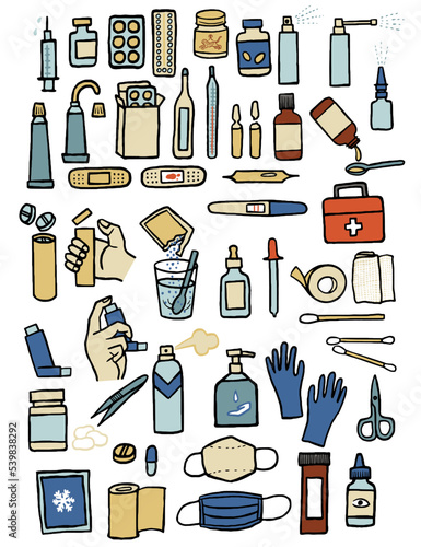 Set of medical illustrations, medicine, first aid kit, bandage, hygiene... (ID: 539838292)