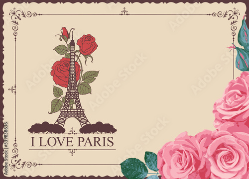 Retro postcard with the famous french Eiffel tower in Paris, France. Vector postcard in vintage style with words I love Paris, french landmark, roses and postmark