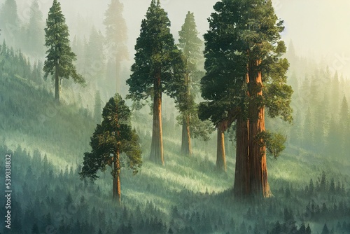 AI-generated shot of beautiful sequoia trees in a misty forest photo