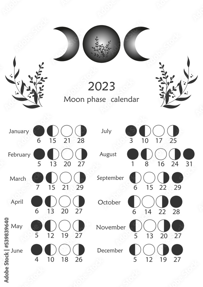 Lunar phase chart and cycles. Lunar calendar for 2023. Astrological
