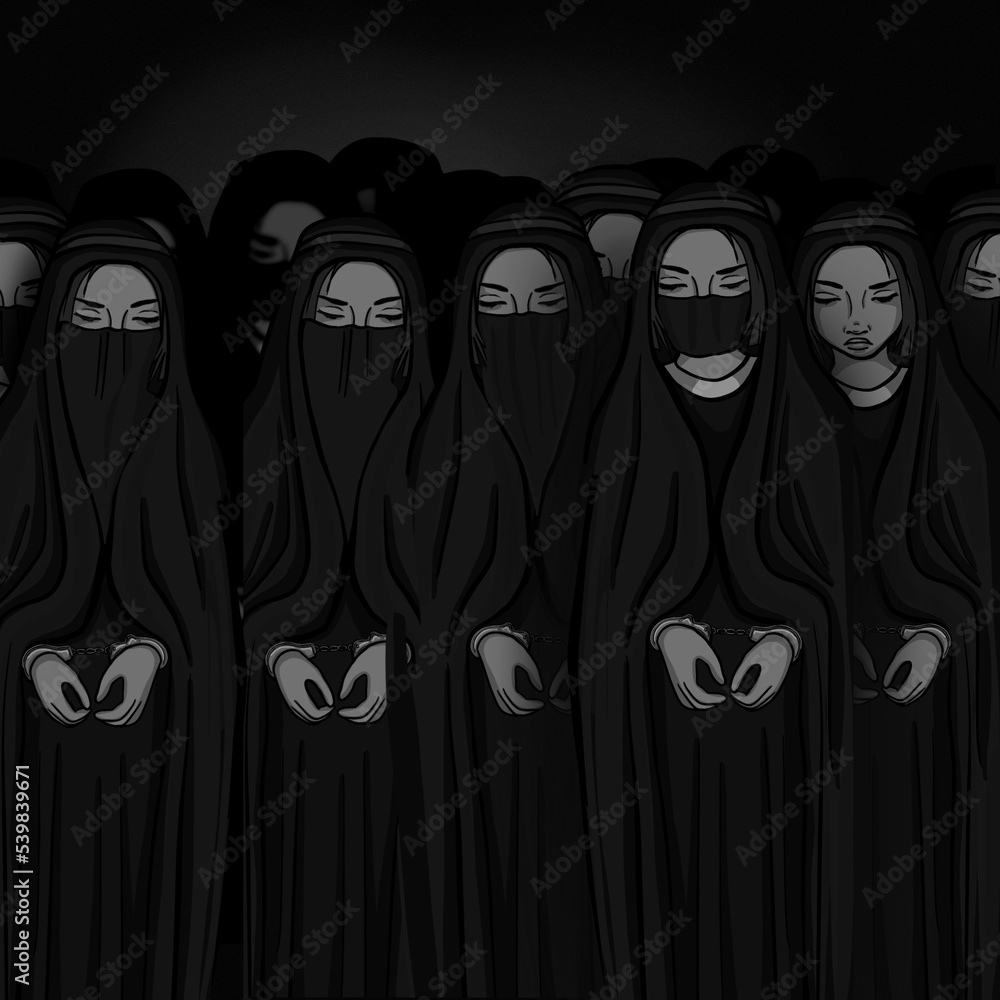 Arabic women in hijab with their hands in handcuffs. Hand drawn