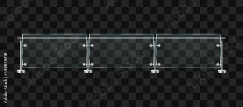 Glass balustrade with metal racks. Fencing sections with steel pillars. Realistic vector illustration isolated on transparent background.