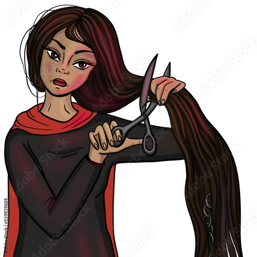 Arabic woman protestor cutting off her hair. Hand drawn illustration of a girl cutting off her long hair in protest. Iranian woman equality rights.