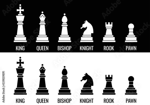 Chess pieces icons with name. Board game. Black silhouettes isolated on white background. White silhouettes isolated on black background. Vector illustration