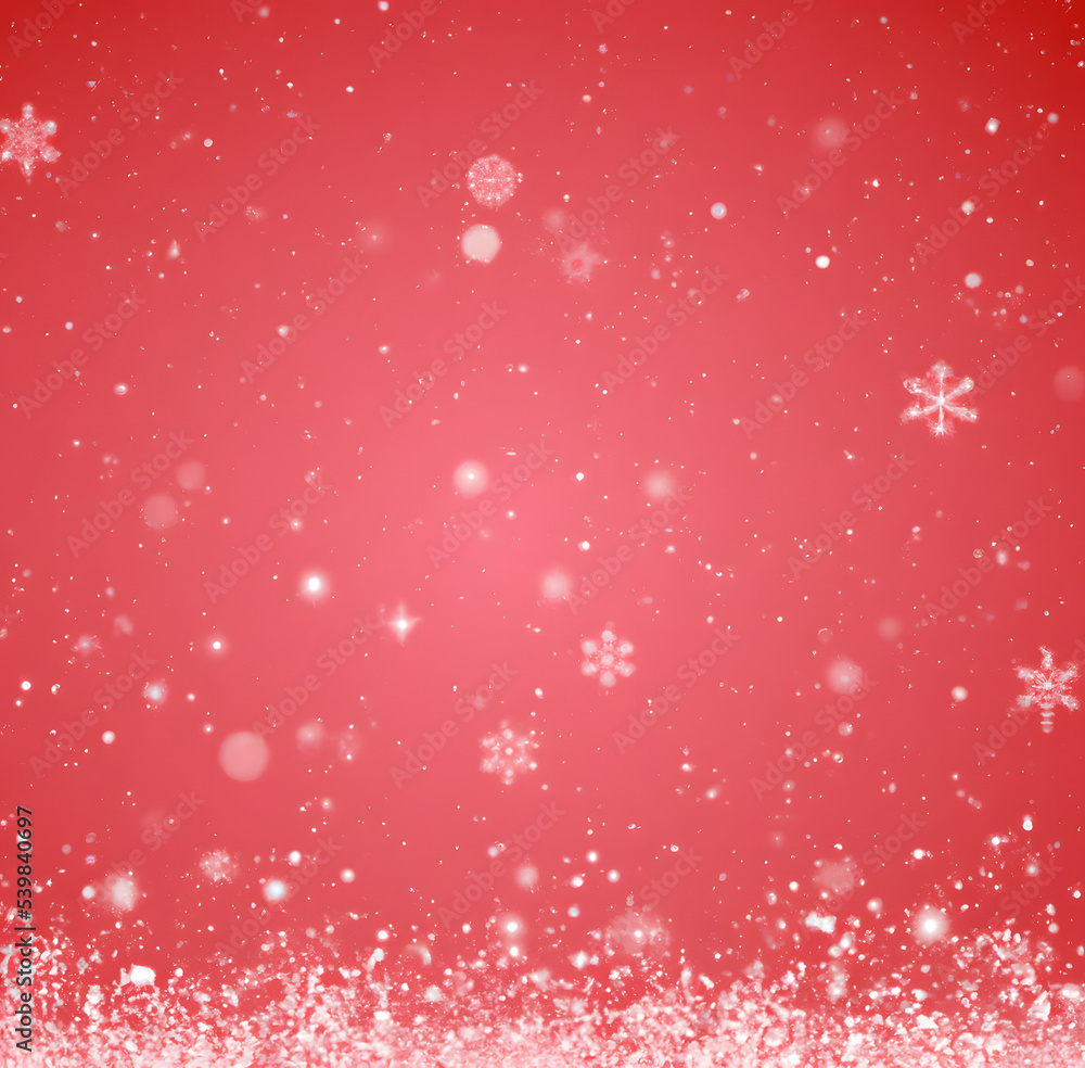Illustration of heavy snowfall, snowflakes in different shapes and forms, snow. With red background