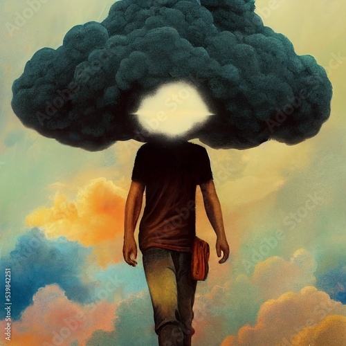 AI generated art of a male with a gray cloud instead of head  ,concept of overthinking