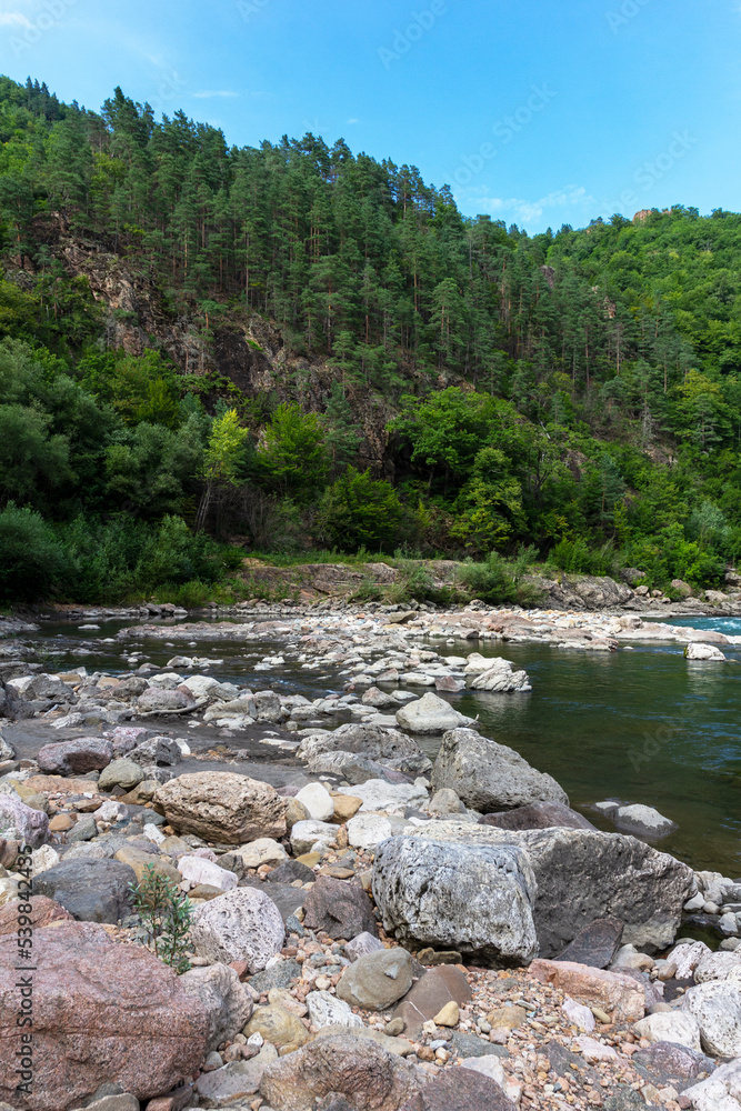 mountain river, sources in the canyon of the stone bed, panorama of the area,