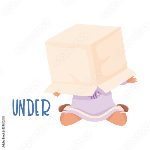 Little Girl Hiding Under Cardboard Box as Preposition Demonstration Vector Illustration