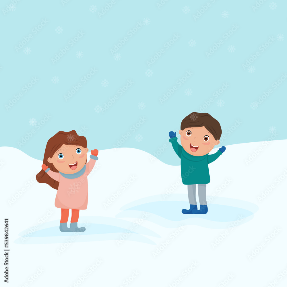 Children play outside in winter. A cheerful girl and a boy are enjoying the snow. Winter holidays. Vector illustration Children play outside in winter. A cheerful girl and a boy are enjoying the snow. Winter holidays. Vector illustration