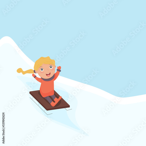 Girl is sledding down the mountain. Winter holidays. Vector illustration.