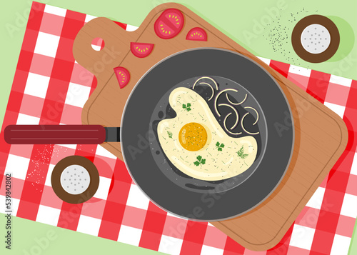 Composition of breakfast on the table with a red checkered tablecloth, top view. Hot fried eggs in a frying pan with fried onions, herbs and spices. Vector illustration