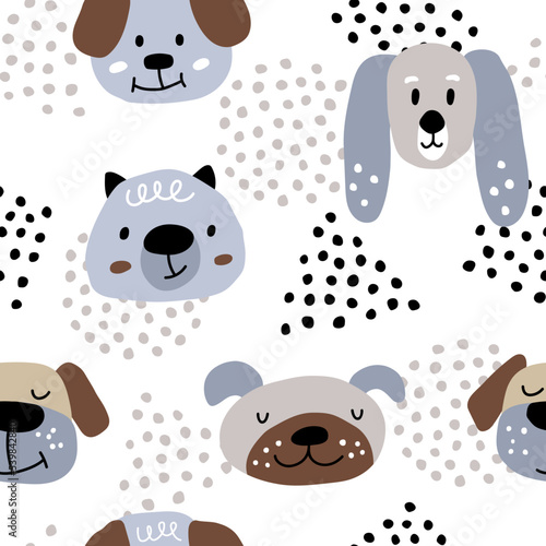 Childish seamless pattern, vector background. Funny Scandinavian print with funny creative dog faces and design elements. Perfect for kids apparel, nursery decoration, and wrapping paper. 