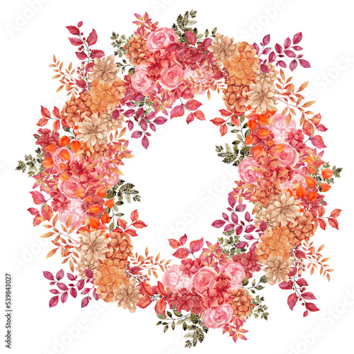 Watercolor autumn wreath with fall flowers, leaves, berry and mushroom, isolated on transparent background, PNG files. Forest snails and floral composition © марина васильева