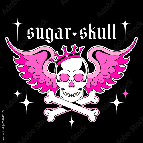 Y2k glamour emo goth aesthetic print with skull in crown and wings. Vintage pink sticker isolated on black. Graphic Vector icon. Weird 2000s style.