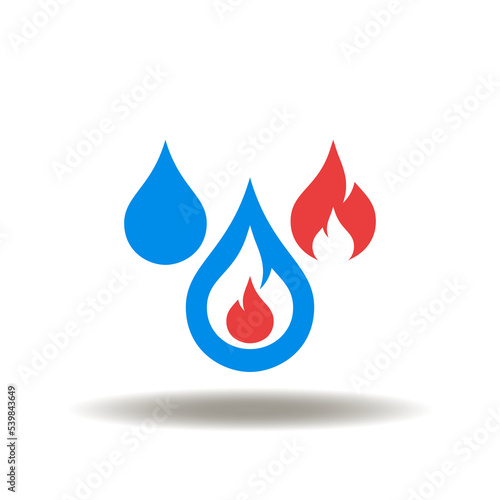 Vector illustration of drops with fire flame. Icon of plumbing and heating. Symbol of house service, renovation, modern construction. Sign of firefighting.