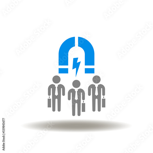 Vector illustration of magnet with business group. Icon of employees acquisition and retention. Symbol of customer management and loyalty program.