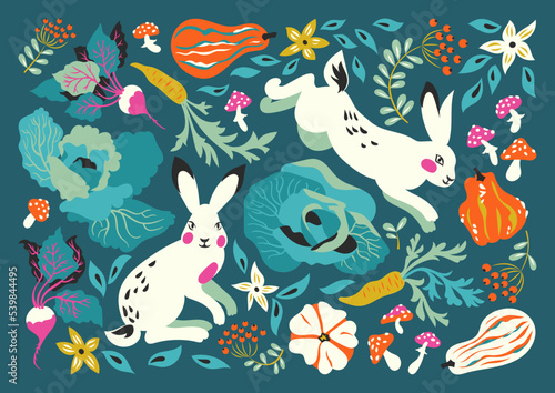 Vector illustration with funny white rabbits, flowers, fly-agaric and  vegetables: cabbage, decorative pumpkin, carrots, beets. Autumn card with seasonal harvest.