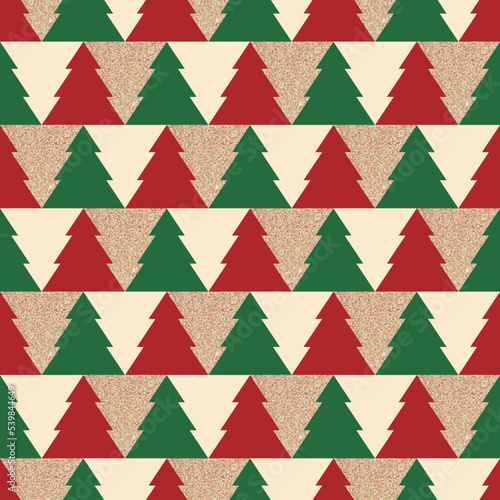 Geometric seamless pattern of Christmas trees. Golden glitter. Green, red and beige colors.