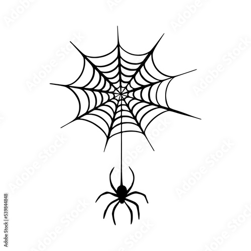 The black spider descends on the web. Scary cobweb of Halloween symbol. Vector isolated spooky background for october party and invitations. Isolated on white vector image