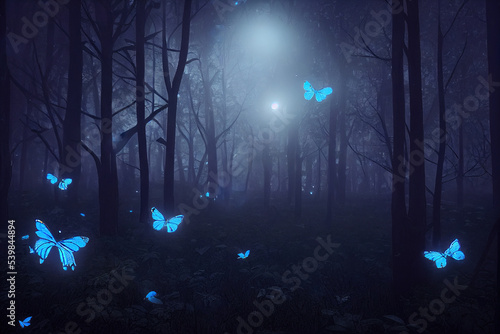 Fairytale dreamy and mystery forest with fireflies lights and butterflies, digital illustration with matte painting.