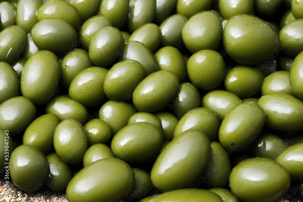 green olives, a source of olive oil, and a breakfast food item green olives, a source of olive oil, and a breakfast food item