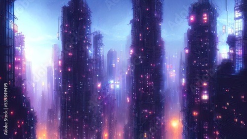 Cityscape of asian cyberpunk city at night. Neon  skyscrapers  fantasy cyber city. 3D illustration