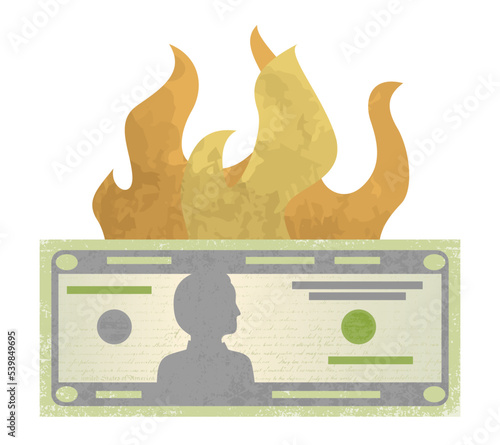 Currency on fire, in a cut paper style with textures
