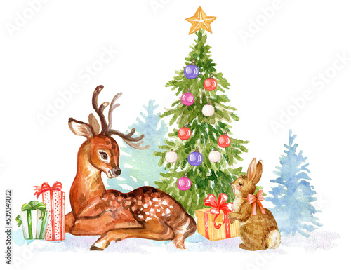 Fototapeta Naklejka Na Ścianę i Meble -  Christmas deer and gifts watercolor isolated illustration