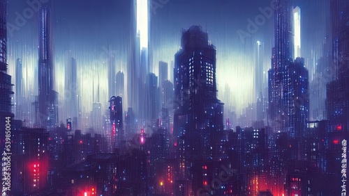 Cityscape of asian cyberpunk city at night. Neon  skyscrapers  fantasy cyber city. 3D illustration