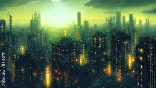 Cityscape of asian cyberpunk city at night. Neon, skyscrapers, fantasy cyber city. 3D illustration