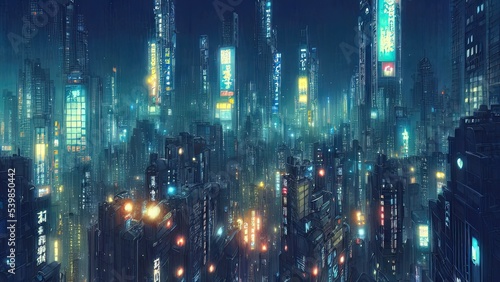 Cityscape of asian cyberpunk city at night. Neon  skyscrapers  fantasy cyber city. 3D illustration