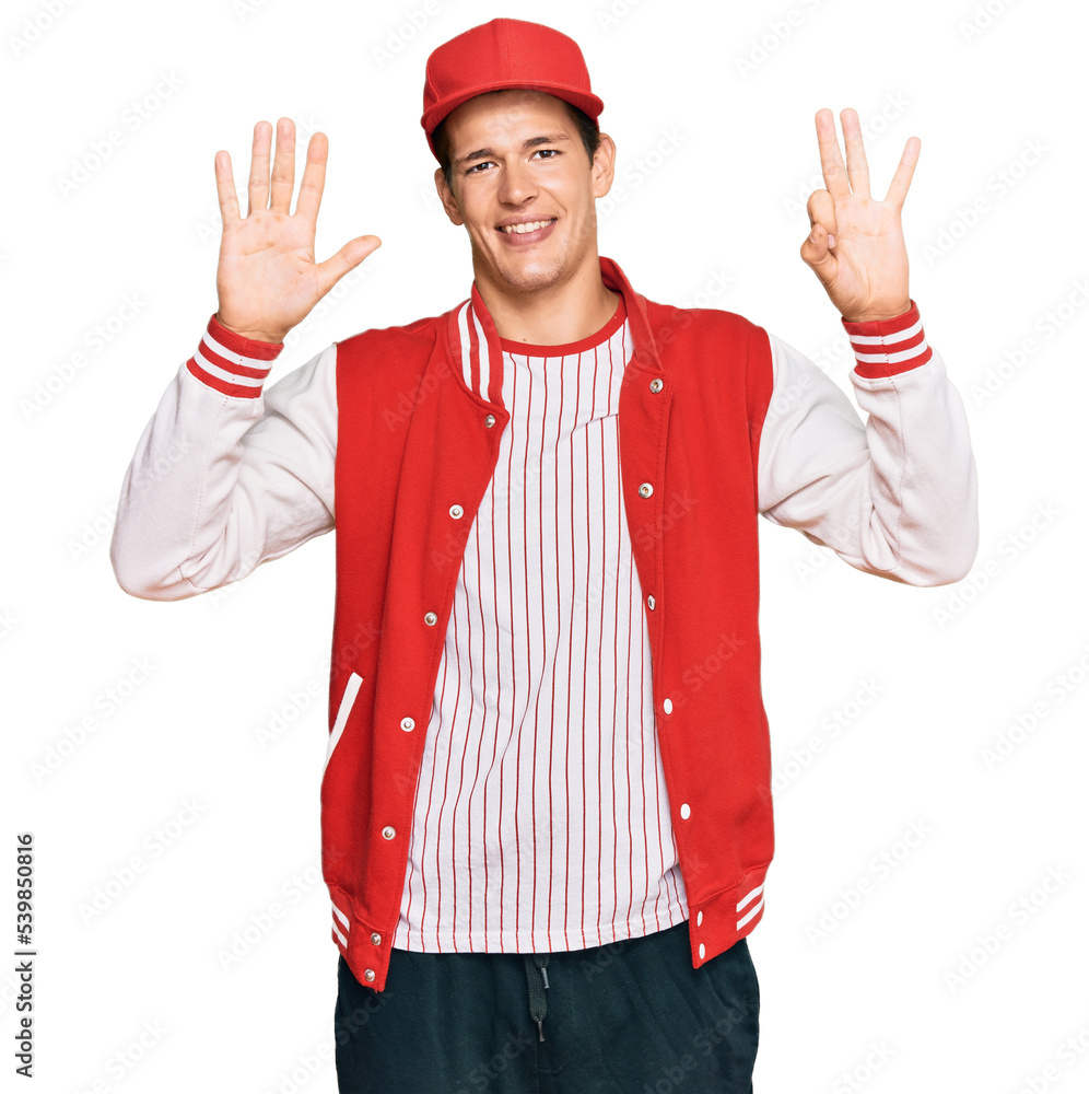 Handsome caucasian man wearing baseball uniform showing and pointing up with fingers number eight while smiling confident and happy. Handsome caucasian man wearing baseball uniform showing and pointing up with fingers number eight while smiling confident and happy.