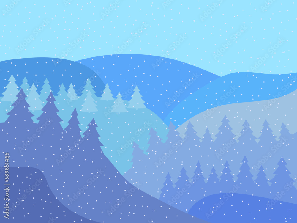 Winter landscape with snowy hills and christmas trees. Mountain landscape in flat style, winter cold weather. Design for posters, travel agencies and promotional items. Vector illustration Winter landscape with snowy hills and christmas trees. Mountain landscape in flat style, winter cold weather. Design for posters, travel agencies and promotional items. Vector illustration