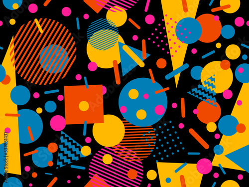 Seamless pattern with geometric shapes in the style of the 80s. Trendy retro background for printing on paper, advertising materials and fabric. Vector illustration