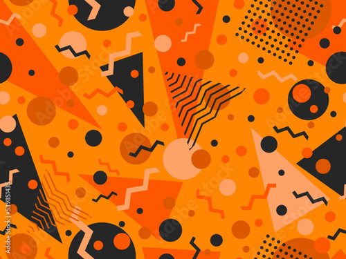 Memphis seamless pattern with geometric shapes in 80s style. Halloween color palette orange and black. Design for promotional products, wrapping paper, brochures and printing. Vector illustration