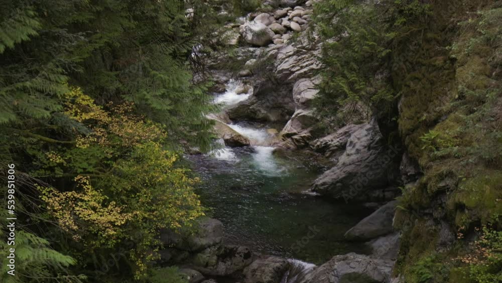 Fresh Water running down the water fall around rocks in Canadian Nature. Lynn Valley Canyons, North Vancouver, British Columbia, Canada. 4k Cinematic Slow Motion Fresh Water running down the water fall around rocks in Canadian Nature. Lynn Valley Canyons, North Vancouver, British Columbia, Canada. 4k Cinematic Slow Motion