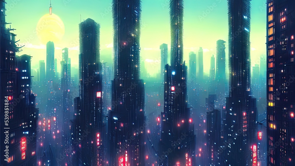 Cityscape of asian cyberpunk city at night. Neon, skyscrapers, fantasy cyber city. 3D illustration
