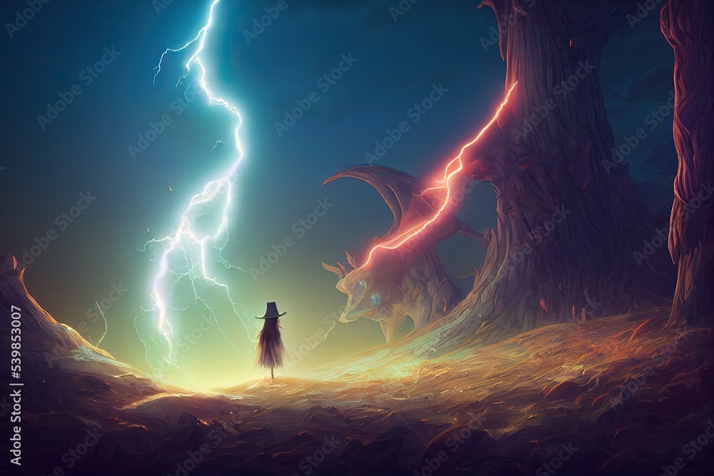 Digital art style painting, Little witches learning to summon lightning  golem ilustración de Stock | Adobe Stock