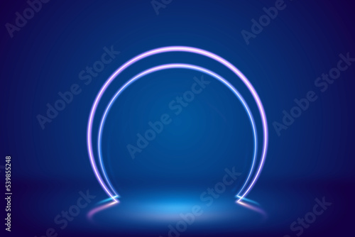 3d render, blue pink neon round frame, circle, ring shape, fashion show stage, abstract background