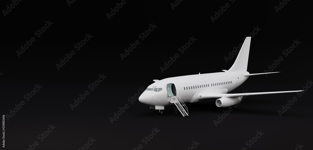 3D illustration, airplane, black background, copy space, 3D rendering. 3D illustration, airplane, black background, copy space, 3D rendering.