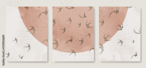 Art background in watercolor style with sun and birds in hand drawn line. Vector set of art posters for decoration, print, interior design, wallpaper, packaging.