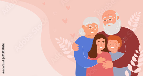 Banner grandfather, grandmother and her grandchildren are happy. An elderly couple hugs their children. The concept of family, generations, communication. Vector graphics.