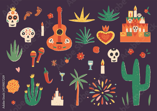 Dia De Los Muertos or Day of the Dead clipart set. Sacred heart, guitar, maracas, sugar skulls, altar or shrine.