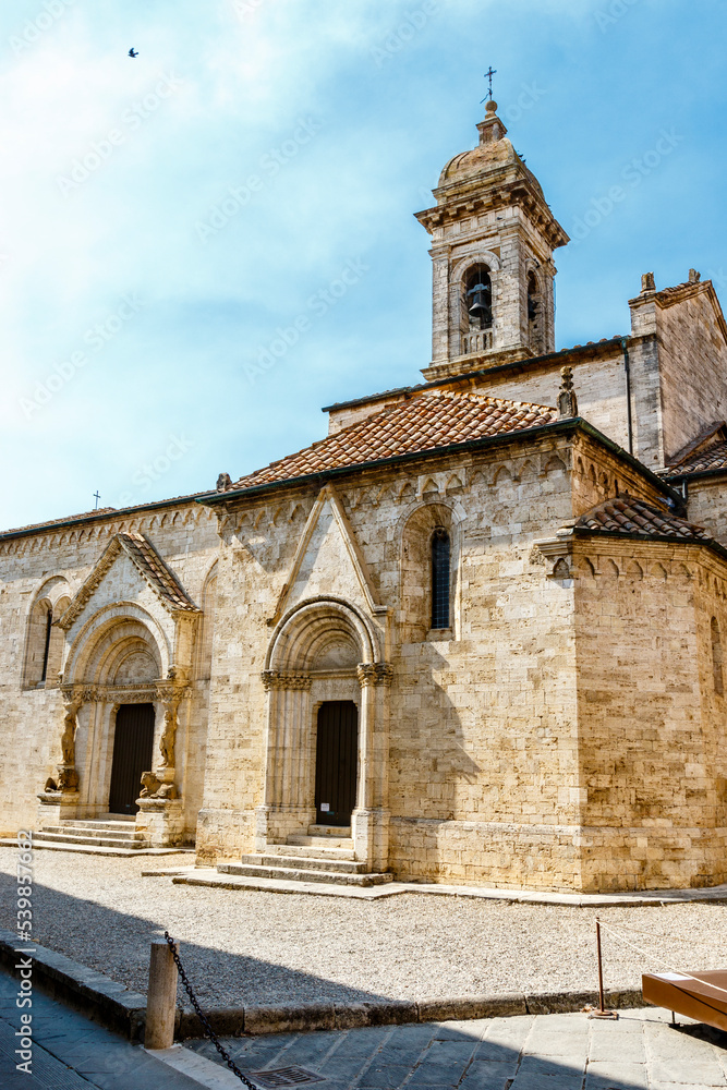 Exterior of the Collegiata di San Quirico a San Giulietta church in San Quirico d'Orcia, Tuscany, Italy, Europe Exterior of the Collegiata di San Quirico a San Giulietta church in San Quirico d'Orcia, Tuscany, Italy, Europe