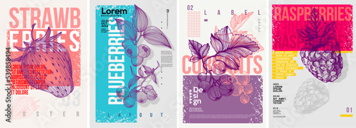 Strawberries, blueberries, currants, raspberries. Set of vector posters . Typography. Vintage pencil sketch. Engraving style. Labels, cover, t-shirt print, painting.