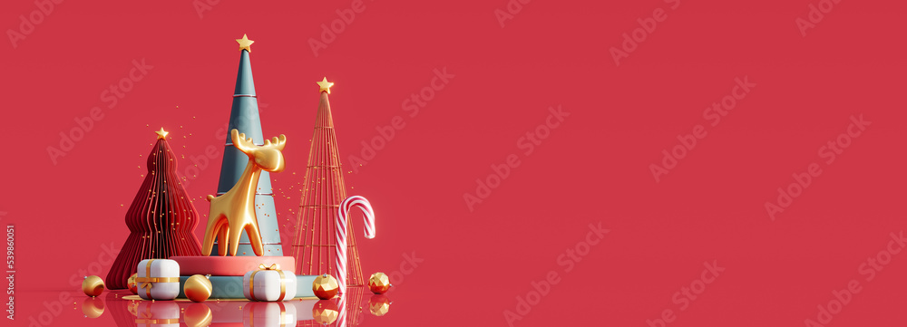 Golden reindeer with Christmas trees and decoration on luscious red background 3D Rendering, 3D Illustration Golden reindeer with Christmas trees and decoration on luscious red background 3D Rendering, 3D Illustration